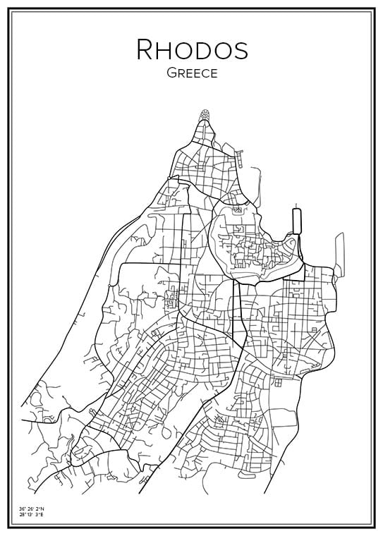 Stadskarta över Rhodos